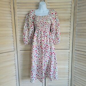 J. Crew White Midi Dress with Red, Pink and Green Floral Print